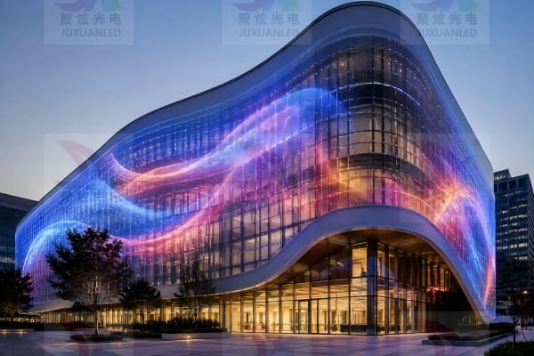 A curved building facade wrapped seamlessly with a flexible LED mesh screen